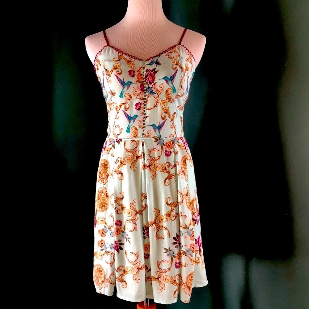 Rare Hummingbird colorful sundress with pleated bottom by anix, - Picture 1 of 6